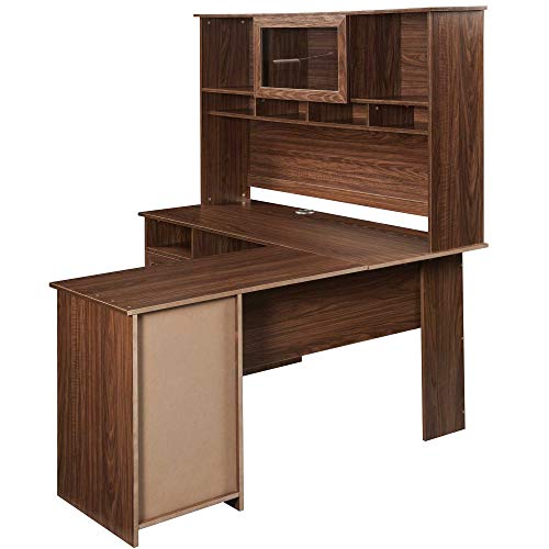 Home Office L-Shaped Desk with Hutch and Glass Doors, Writing Workstation with Storage Shelves and File Cabinet for Home Office | Bookshelf Dual Positioning Options (Brown)