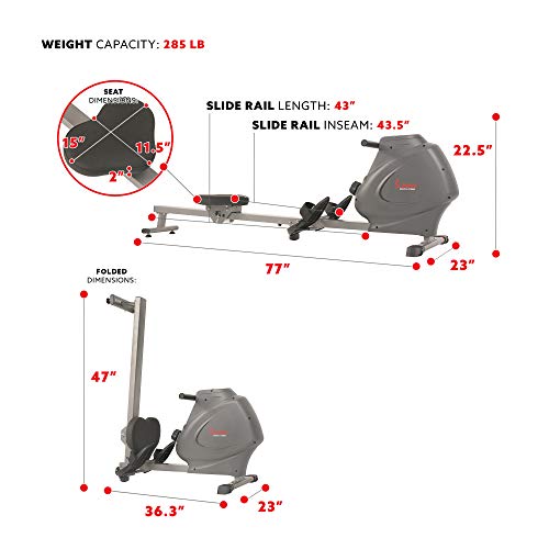 Sunny Health & Fitness Compact Folding Magnetic Rowing Machine with LCD Monitor, Bottle Holder, 43 Inch Slide Rail, 285 LB Max Weight - Synergy Power Motion - SF-RW5801, Silver