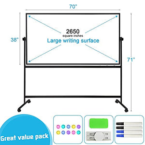 VISTECH 70x38 Large Mobile Whiteboard, Height Adjust 360 Degree Rotation Double Sided Magnetic Dry Erase Board with Black Stands, Rolling White Board on Wheels for Office Home Gym and Classroom