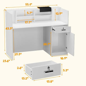 MOUMON Reception Desk with Moveable Shelves, Lockable Drawer, Black Tapes - White - 55.1”W x 23.6”D x 43.3”H