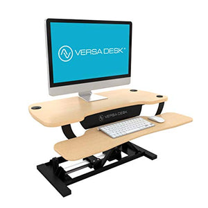 VersaDesk Power Pro USA Manufactured | Electric Height-Adjustable Desk Riser | Standing Desk Converter | Sit to Stand Desktop with Keyboard + Mouse Tray | 36" X 24" | Black Frame, Maple Body