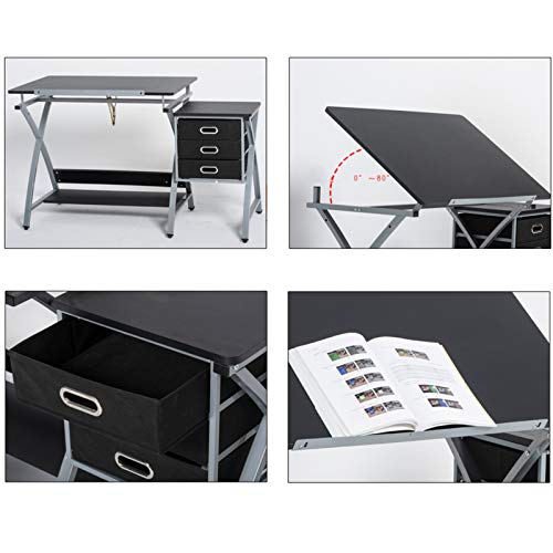 XIONGGG MDF Drafting Table Tilted Tabletop Drawing Desk, Art & Craft Drawing Desk Folding Craft Station, with 3 Slide Drawers