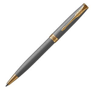 PARKER Sonnet Ballpoint Pen, Prestige Chiselled Silver with Gold Trim, Medium Point Black Ink