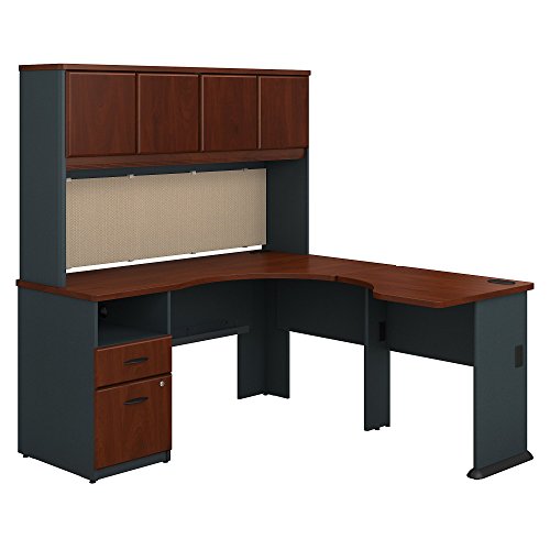 Bush Business Furniture Series A 60W x 65D L Shaped Desk with Hutch and 2 Drawer Pedestal in Hansen Cherry and Galaxy