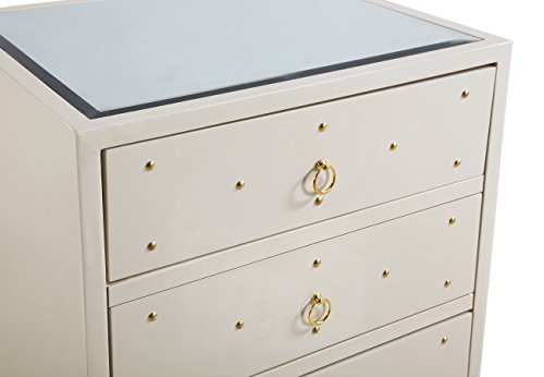 Iconic Home Prato Nightstand Side Table Mirror Glass Top with 3 Self Closing Lacquer Drawers Brass Finished Stainless Steel Frame Base, Modern Contemporary, Beige