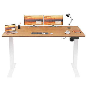 Meilocar Height Adjustable Electric Standing Desk, Sit Stand Computer Desk w/Memory Controller, Home Office Workstation Stand up Desk with Splice Board, 63" x 24" Tabletop (Walnut Top + White Frame)