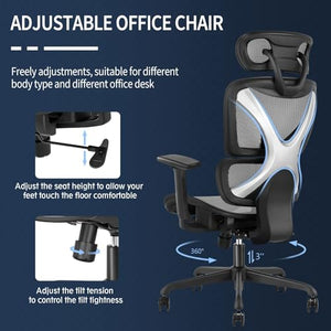 GABRYLLY Ergonomic Office Chair with Lumbar Support, Adjustable 3D Arms, Reclining, Headrest & Large Seat - Grey