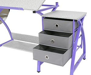 Offex The Comet Center Plus Adjustable Top Craft Table with 24" Pencil Ledge, 3 Drawers and Matching Padded Stool - Purple/Spatter Gray