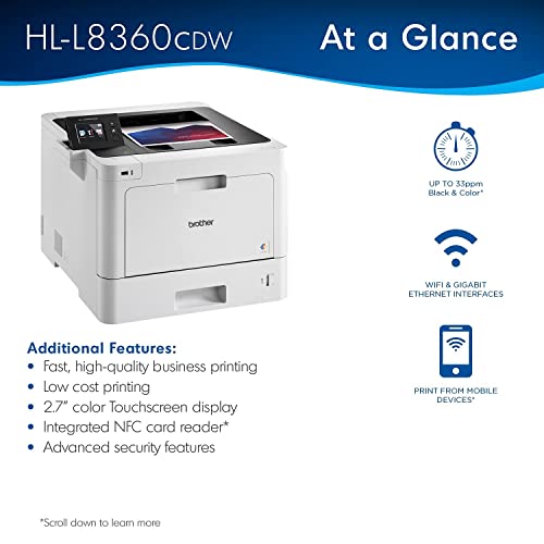 Brother Business Color Laser Printer, HL-L8360CDW, Wireless Networking, 31 ppm, 600 x 2400 dpi, 8.5 x 14, 2.7" Touchscreen LCD, Auto 2-Sided Printing, JAWFOAL Printer Cable