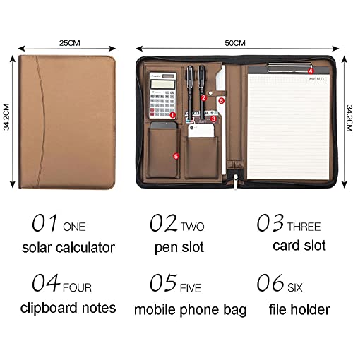 KGEZW A4 Leather Portfolio Binder Padfolio Organizer with Calculator Zipper Briefcase Notebook File Folder (Color : A)