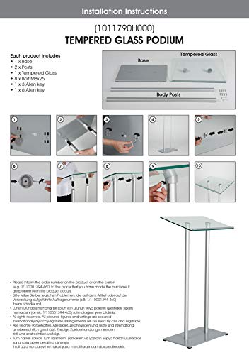 M&T Displays Tempered Clear Glass Conference Podium Stand - Black Aluminum - 43.9" Height - Floor Standing Lectern