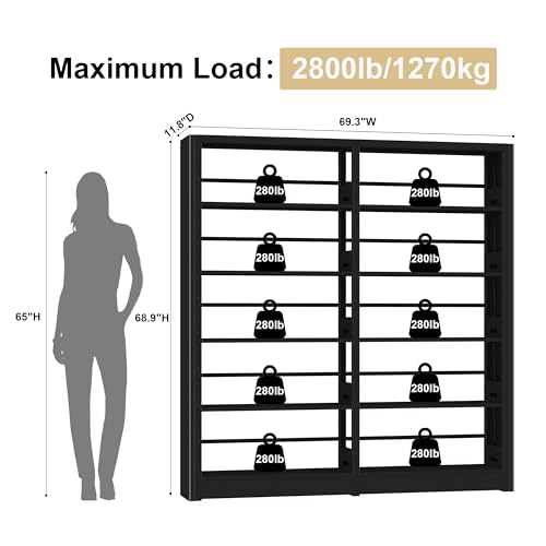 OSEILLC 5-Tier Black Bookshelf with Adjustable Storage Shelves and Book Stopper