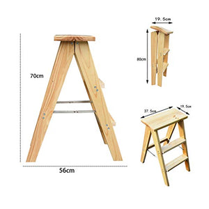 JHome-Stepstools 3-Tread Folding Kitchen Stair Chair Ladder - Wood, 62cm/70cm Height, 200kg Max.