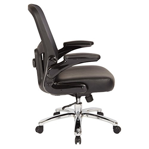 Office Star Big and Tall Mesh Back and Padded Bonded Leather Seat Executive Chair with Adjustable Lumbar Support, Adjustable Flip Arms, and Chrome Accents, Black