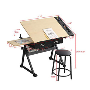 Drawing Table,Height-Adjustable Drawing Table,tiltable Table top,with Stool and Drawer,for Reading,Writing and Drawing(Wooden Table top)