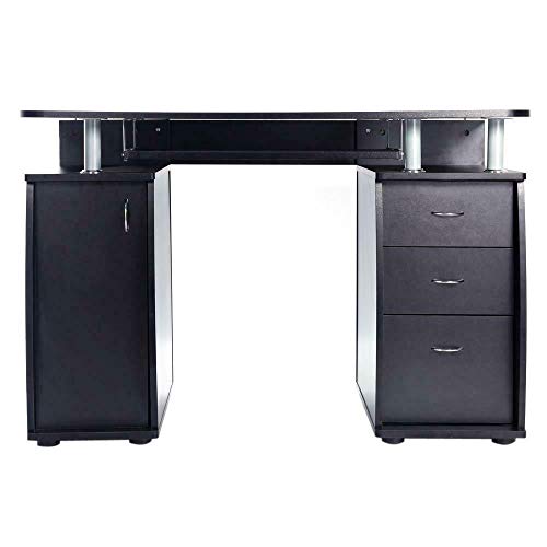 Black Home Office Style Computer Desk Slide-Out Keyboard Tray 3 Storage Drawers 1 Cabinet with 2 Layers Shelf Laptop Notebook PC Workstation Writing Reading Table Ideal for Business Or Personal Use