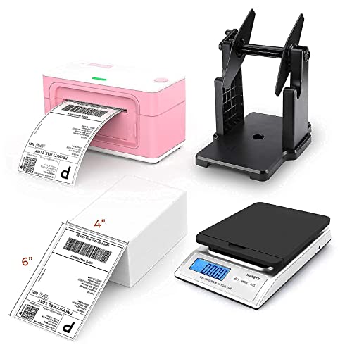 MUNBYN Pink Label Printer with Shipping Scale, Label Holder,Stack of Thermal Labels