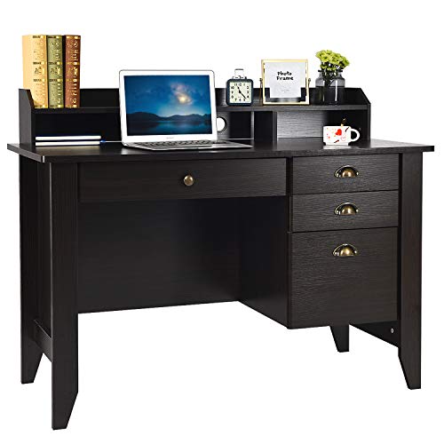 Computer Desk with Drawers and Hutch, Wood Office Desk Teens Student Desk Study Table Writing Desk for Bedroom Small Spaces Furniture with Storage Shelves, Espresso Brown