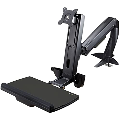 StarTech.com Sit Stand Monitor Arm - Desk Mount Adjustable Sit-Stand Workstation Arm for Single 34" VESA Mount Display - Ergonomic Articulating Standing Desk Converter with Keyboard Tray (ARMSTSCP1)
