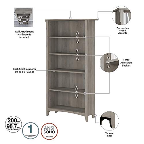 Bush Furniture Salinas L Shaped Desk with Lateral File Cabinet and 5 Shelf Bookcase, 60W, Driftwood Gray