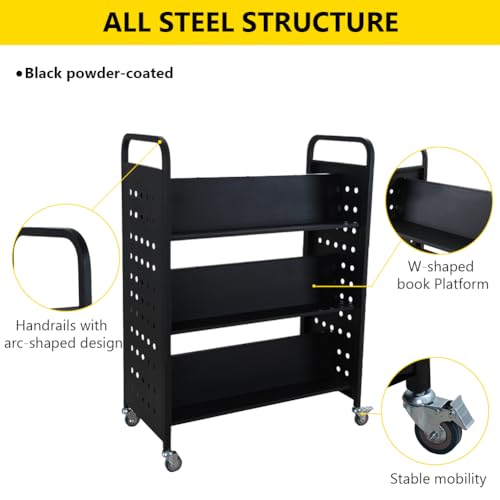 MERXENG Library Book Cart, 200LBS Capacity, 35x18x49 Rolling Cart with Lockable Wheels