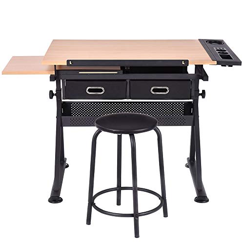 Standing Desk Student Writing Drawing Drafting Table Modern Metal Worktable Adjustable Top and Stool, Black