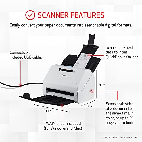 Canon imageFORMULA R40 Office Document Scanner - Receipt Edition, PC/Mac, QuickBooks Online Integration, Color Duplex Scanning
