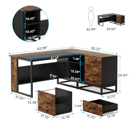 Tribesigns 63" L-Shaped Executive Desk with Drawers and Shelves, Rustic Business Furniture, Brown & Black