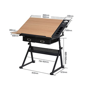 Camp Table top infinitely tiltable, 2 Drawers/Work Surfaces, Wood Look Black - Desk, Office Table, Work Table, Architect Table for Architects/Technicians (Color : A)