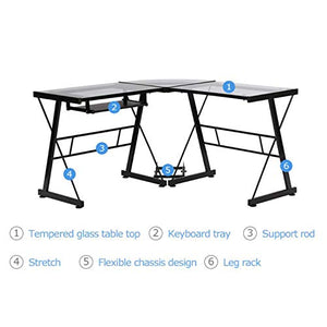 Thaweesuk Shop New New Black Modern L Shaped Desk Table Tempered Glass Corner with Keyboard Tray Office Home Workstation Computer Laptop Study PC Gaming Writing Student Steel 51" L x 51" W x 29.5" H