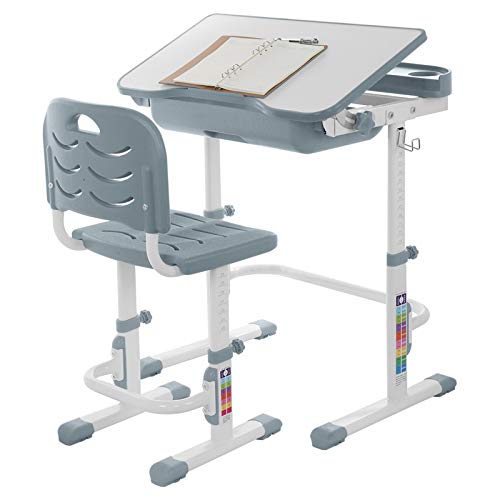 Height Adjustable Children School Study Desk with Tilt Desktop, Kimanli Kids Functional Desk and Chair Set with Bookstand, Metal Hook and Storage Drawer for Reading, Writing Study