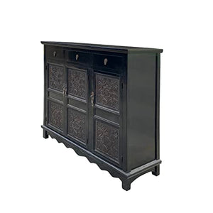 orientliving Asian Black Flower Motif Carving Side Table Credenza Storage Cabinet Acs7503