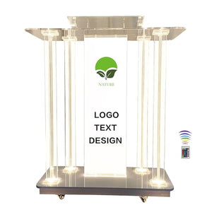 deenkk Acrylic Podium Stand with RGB LED Lights, 46" Tall, Wide Reading Surface