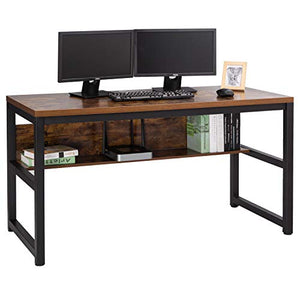 TOPSKY 55" Computer Desk with Bookshelf/Metal Desk Grommet Hole Wire Cover Rustic Brown