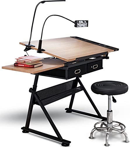 INOVATIVE Drafting Table | Ultimate Drawing Kit with Desk, Ergonomic Stool, LED Lamp and Phone Holder | Drafting Desk for Artists or Architects | Adjustable Angle and Height for Adults or Kids