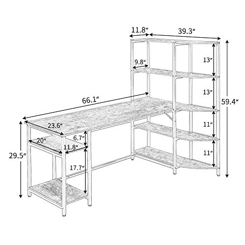 FURLKHY Home Office Computer Desk with 5 Tier Storage Shelves，Large Office Desk Study Writing Table Workstation with Corner Bookshelf and Tower Shelf（Brown）