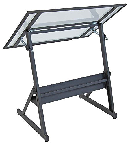 SD STUDIO DESIGNS Adjustable Height Drafting Table, Charcoal/Clear Glass
