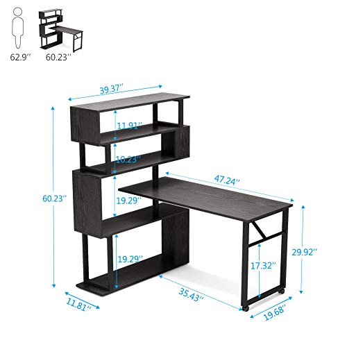 Tribesigns Rotating Computer Desk with 5 Shelves Bookshelf, Modern L-Shaped Corner Desk with Storage, Reversible Office Desk Study Table Writing Desk on Wheels for Home Office (Black)