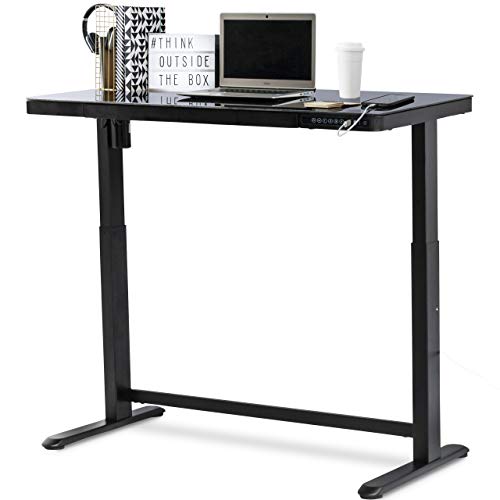 Jefferson Electric Height Adjustable Standing Desk with Drawer, 47.37” x 23.75” Glass Desktop, USB and USB-C, Motorized Uplift, Built-in Ergonomic Memory Controller Keypad (Black)