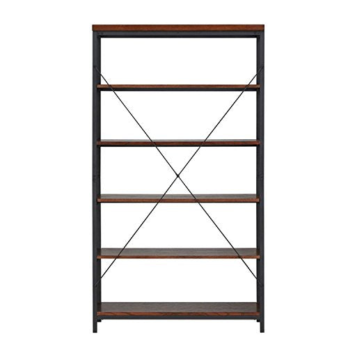 ModHaus Living Industrial Rustic Style Black Metal Frame 6 Tier 40 inches Horizontal Bookshelf Storage Media Tower | Dark Brown Finish, Living Room Decor - Includes Pen (40-inches Wide)