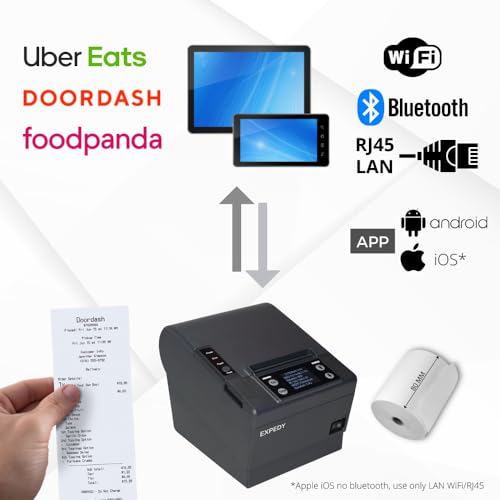 EXPEDY - DoorDash 80mm Receipt Printer - Bluetooth/WiFi/USB - ESC POS Commands - Auto Cutter - Support Cash Drawer - Kitchen