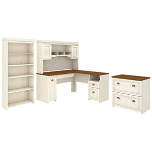 Bush Furniture Fairview L Shaped Desk with Hutch, Bookcase and Lateral File Cabinet in Antique White
