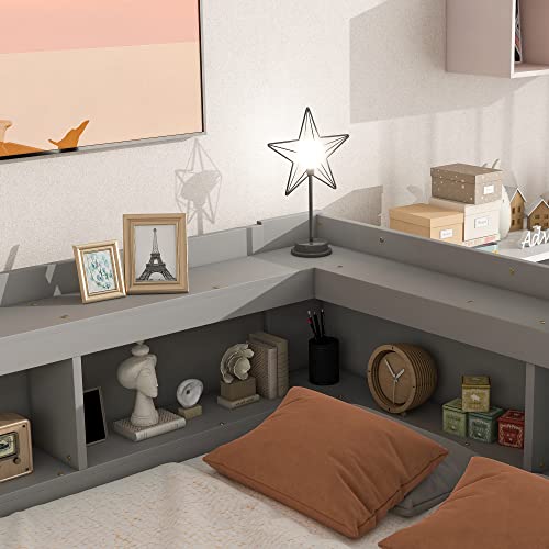 BQXDJT Full Size Wood Floor Bed with L-Shaped Bookcases and Storage Drawers - Grey