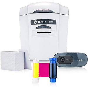 ID Maker Card Printer Machine & Supply Kit for Badge Printing - Print Professional Quality 1 Sided Identification Badges - IDMaker Software, Premium Camera, 100-Print Color Ribbon, 100 Blank PVC Cards