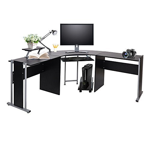KARMAS PRODUCT L Shaped Computer Desk Modern Corner Table Wood Laptop Home Office Desks Black, 71.3x19.6x30.3in