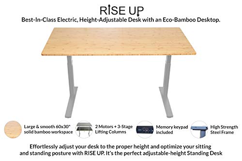 Rise UP Dual Motor Electric Standing Desk 60x30 Black Bamboo Desktop Premium Ergonomic Adjustable Height sit Stand up Home Office Computer Desk Table Motorized Powered Modern Furniture Small Standup