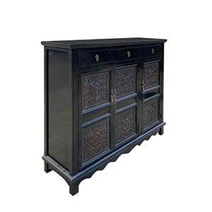 orientliving Asian Black Flower Motif Carving Side Table Credenza Storage Cabinet Acs7503