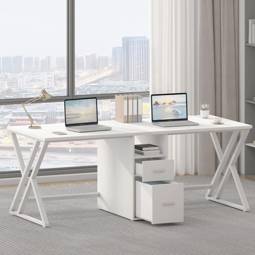 LVB Large 2 Person White Computer Desk with File Cabinet and Storage Shelf