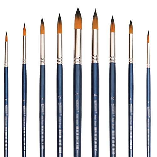 NBHFR Round Pointed Tip Brushes 9 Pcs Synthetic Art Paint Brush Set for Acrylic Watercolor Oil Painting Long Handle