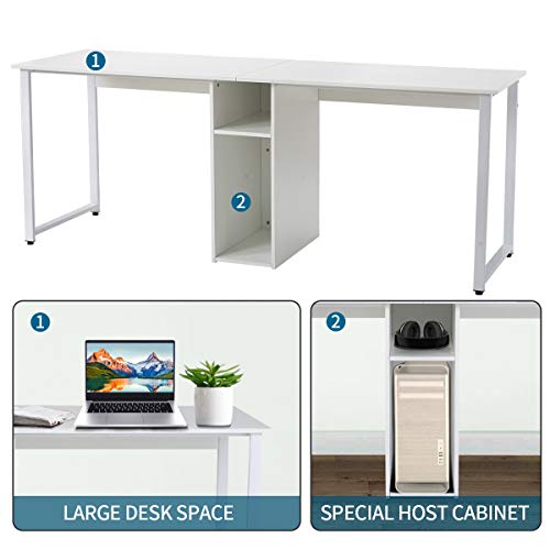 Mrs Bad Home Office Two Person Desk,Double Workstation Office Desk Writing Study Desk,Extra Long Computer Desk with Book Shelf (White)